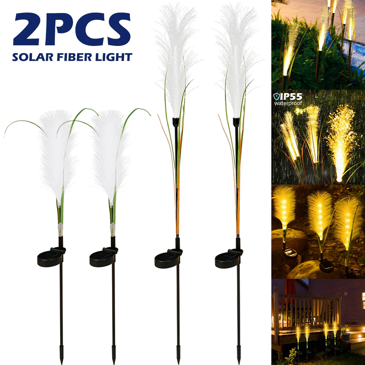 

2Pcs Solar Fiber Light Solar LED Reed Stake Light 600mAh Solar Outdoor Light Solar Powered Decorative Lamp Durable Automatic