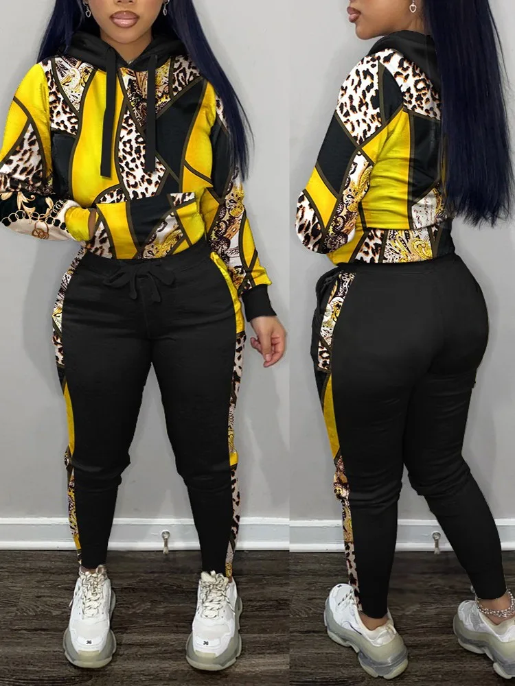 

2023 Autumn Two Piece Sets Womens Scarf Chain Print Long Sleeve Hoodie & Pants Set Outifits Fashion Tracksuits Casual Elegant
