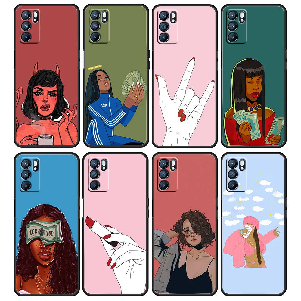 

Black head Sweet Spoiled Girl For OPPO Reno 6 5 4 3 2 2Z 2F Z 4F 4SE 4Z 4G 5G Pro Plus Lite Silicone Black Phone Case Cover