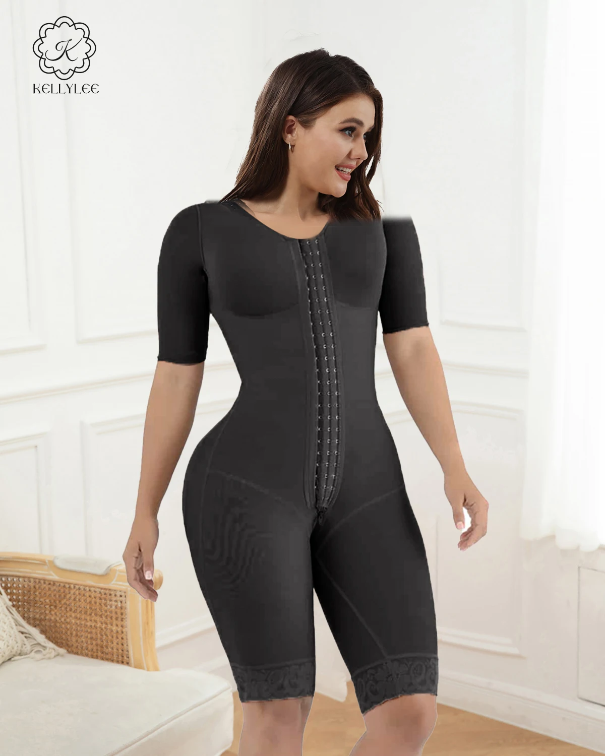 One-Piece Compression Girdle with Brooch Sleeves Mid-sleeve postoperative belt Front breasted Bodysuit