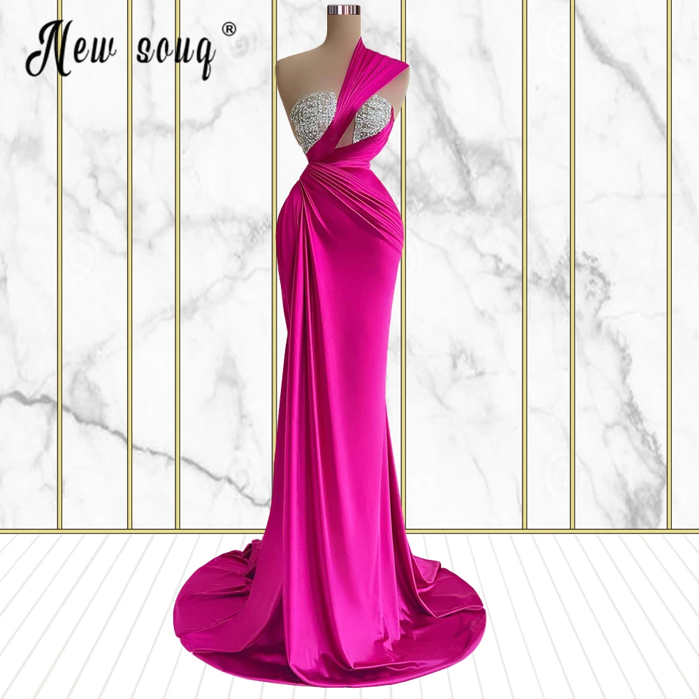 Pink Mermaid Luxury Evening Dress Long Pageant Party Gwons Arabic Cocktail Dress One Shoulder Beaded Top Summer Prom Dress