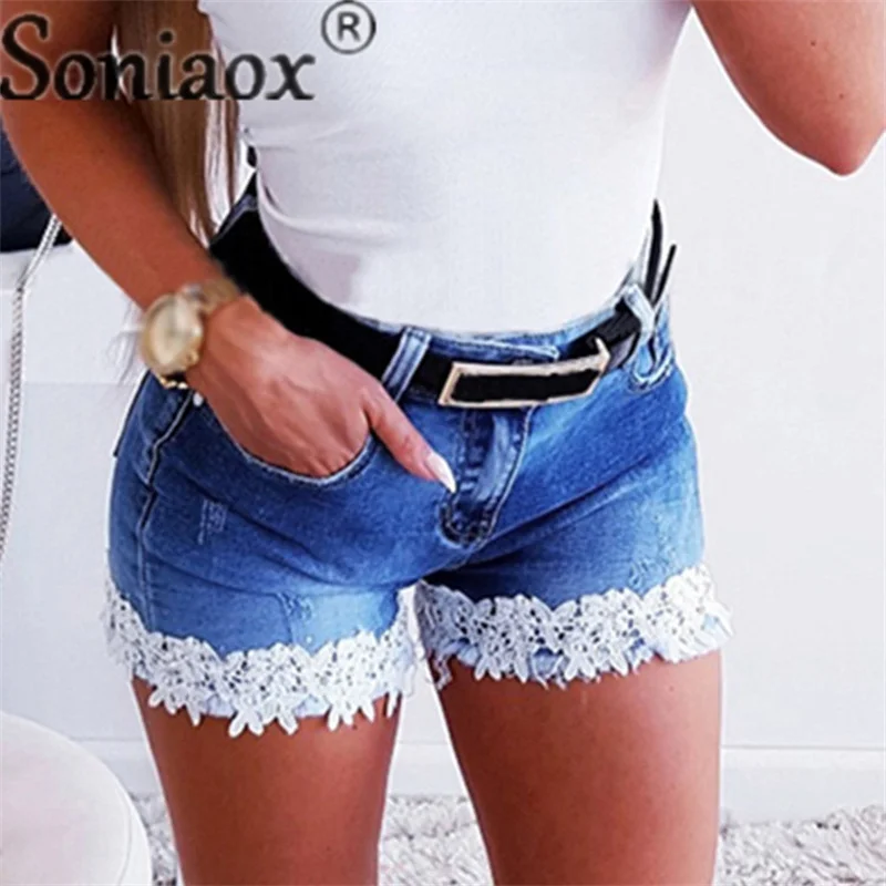 Fashion Street Casual Button Splicing Lace Denim Shorts Female Summer Slim Fit Stretch Three Quarter Pants Women's Skinny Jeans