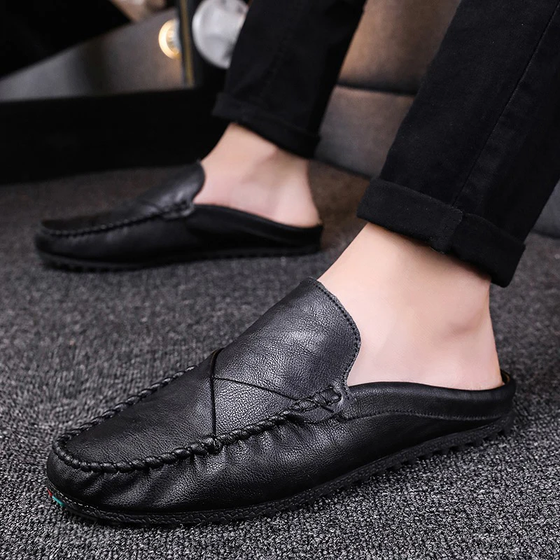 

Half Shoes For Men Leather Half Slipper Slip On 3 Colors Flat Italian Style Fashion Driving Shoes Man Mocasines Hombre Ciabatte