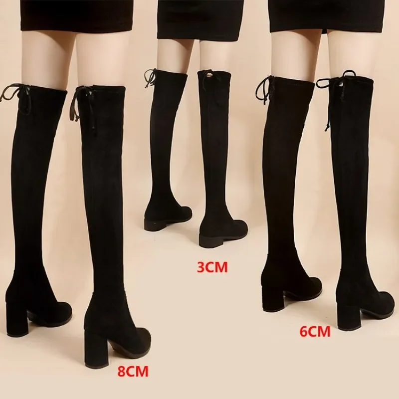 

Faux Suede Female Heels Autumn Zipper Elastic Knee-high Boots for Women Tube Lace-up Thigh Gigh Boots Black Botas Mujer 2022