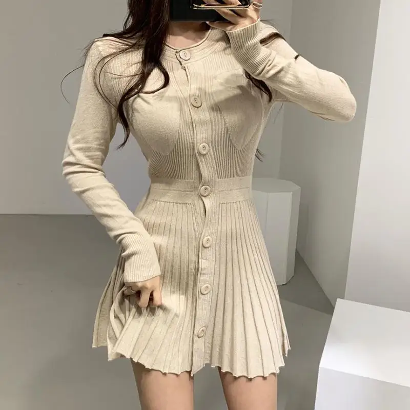 

Korean Casual Single Breasted Knitting Mini Dresses Women Autumn Winter Knitted Sweater Dress Pleated Robe Femme Vestidos Y