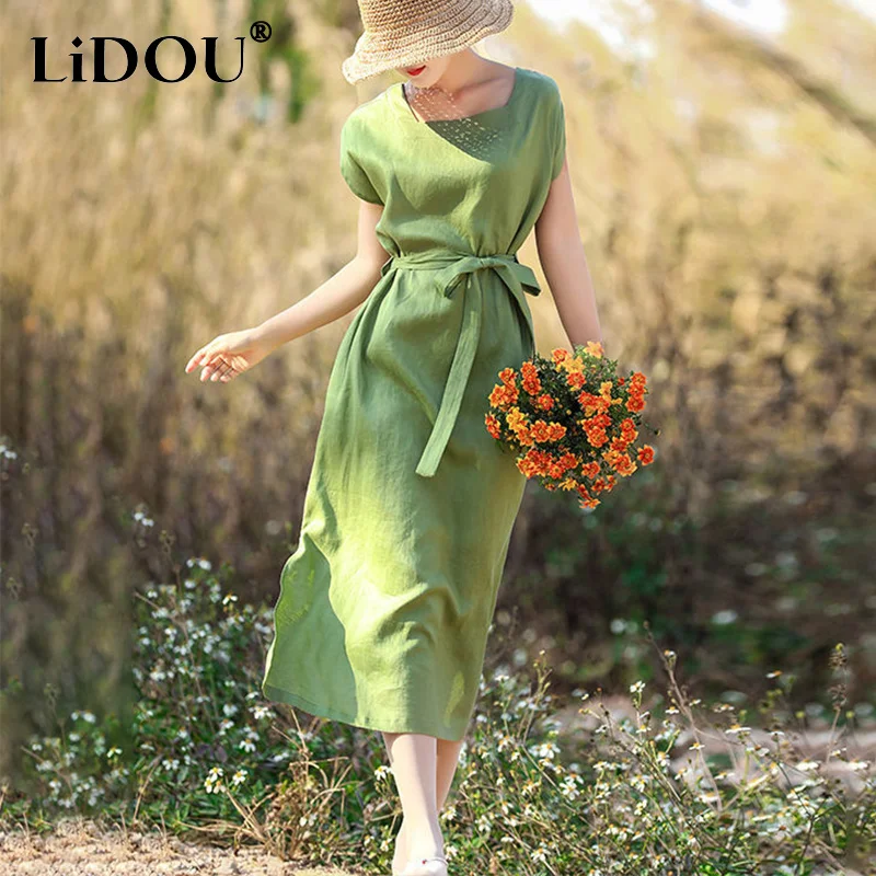 

2022 Summer Square Collor Solid Cotton Linen Simple Loose Casual Bandage Waist Midi Dress Ladies Green Comfortable Elegant Robe