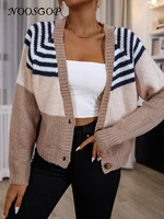 noosgop wide beige tan brown black white strips v neck buttons up short tops thick cardigan sweater autumn winter jacket