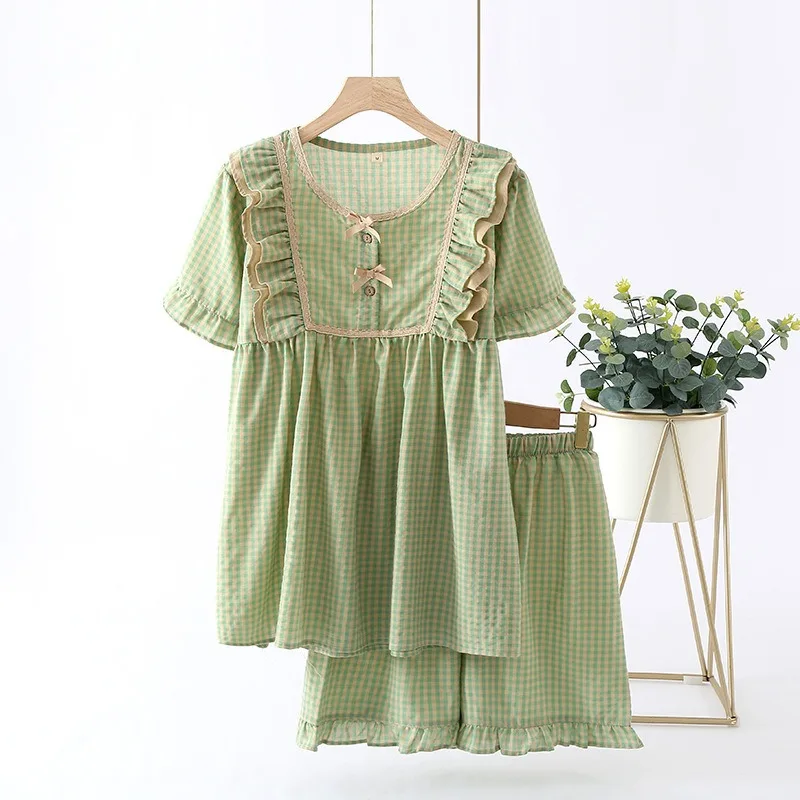 Household to take female cotton printed green grid nightgown women's summer bud silk pajamas lady with short sleeves
