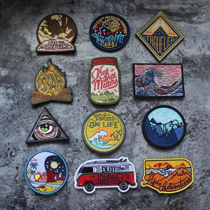 

3D Outdoor Exploration Camping Morale Badge Jungle Sunrise Mountain Scenery Embroidery Patch on Jacket Backpack Cap Patch