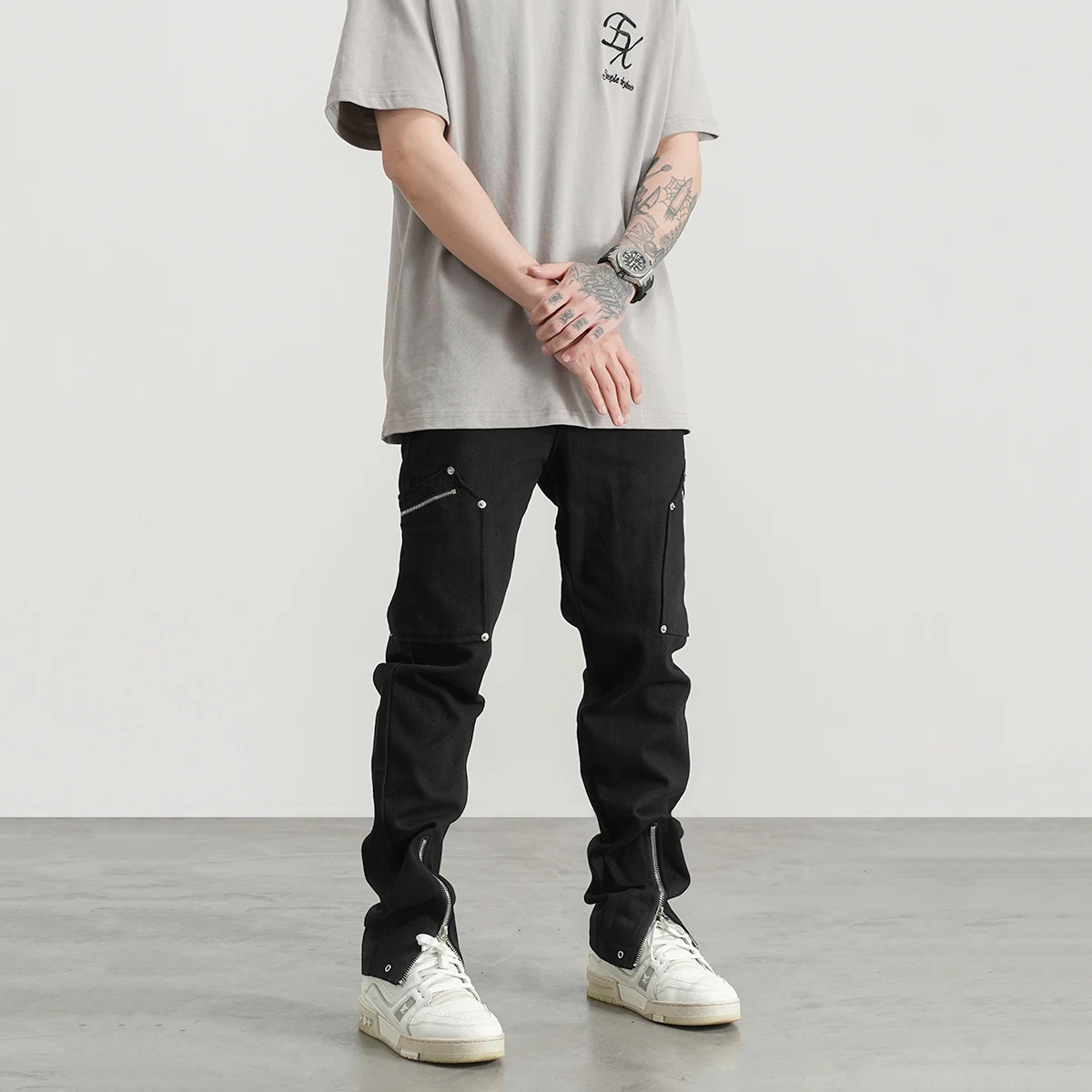 Men Jeans High Street Pocket Zipper Tooling Jeans Men's Hip-hop Casual Black Slim Pants Ins Hot Sale Boyfriend Jeans Full Length