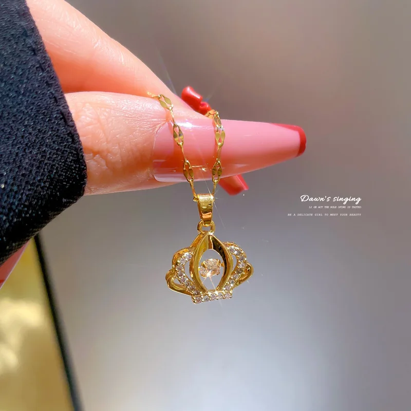 

[Titanium Steel] Light Luxury Micro Inlaid Real Gold Smart Crown Necklace Women's New Clavicle Chain Light Luxury Niche Design