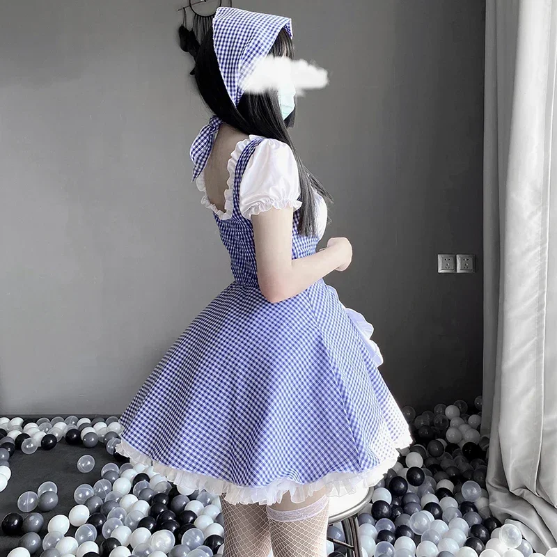 Лолита Косплей Сексуальный Аниме Костюм Горничной Kawaii Blauw Erotische Outfit Geplooide Kant Underwear