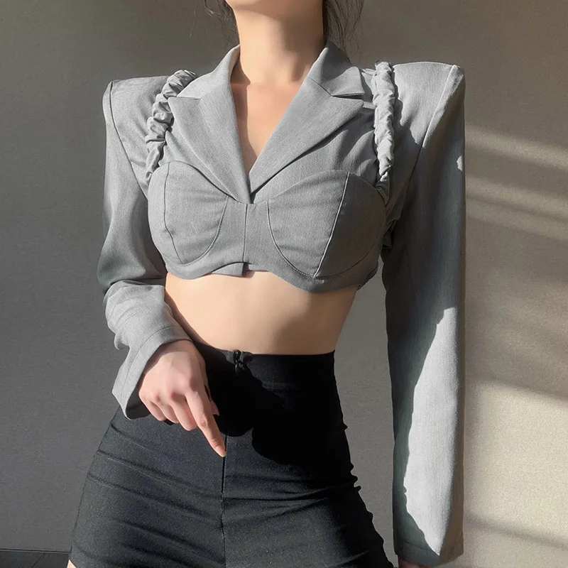 Korean Fashion Sexy Cropped Blazer Women Shoulder Pads Jackets Short Long Sleeve Chic Y2k Stylish Elegant Blazers Grey 2023