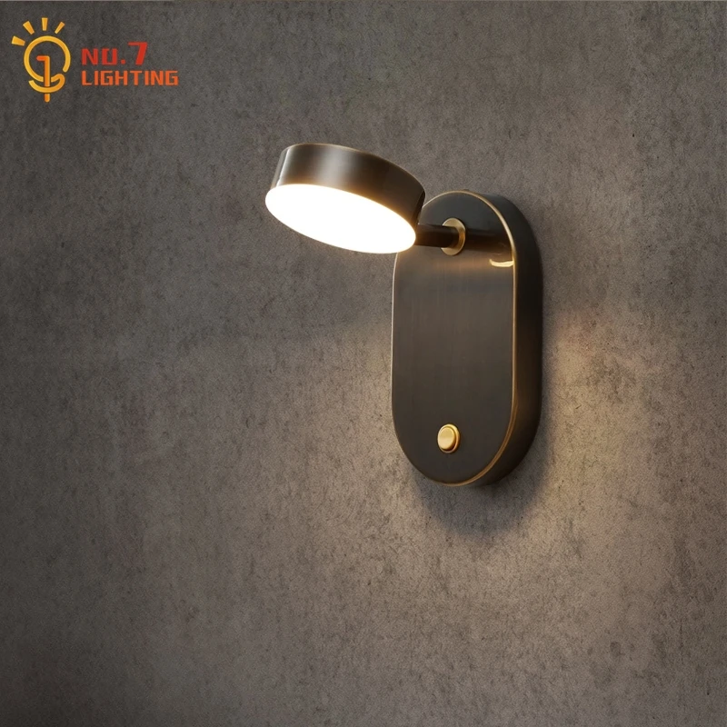 American Luxury Copper Wall Lamp with Switch Gold Balck Simple Modern Led Wall Mounted Porch Bedroom Bedside Corridor Study Cafe