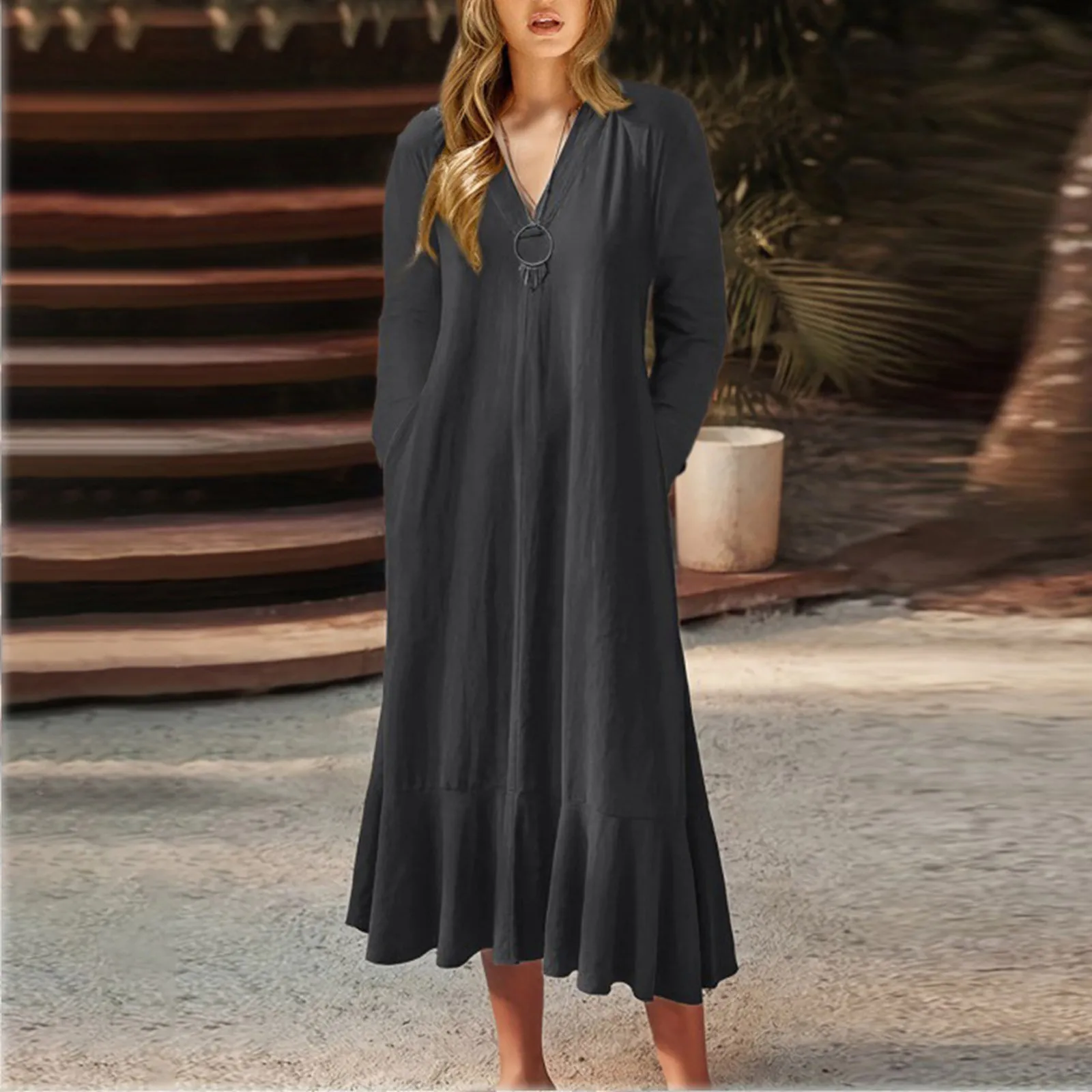 

2023 Spring Autumn New Women's Solid Color V Neck Lace Up Back Long Sleeve A Line Dress Loose Vintage Long Dresses