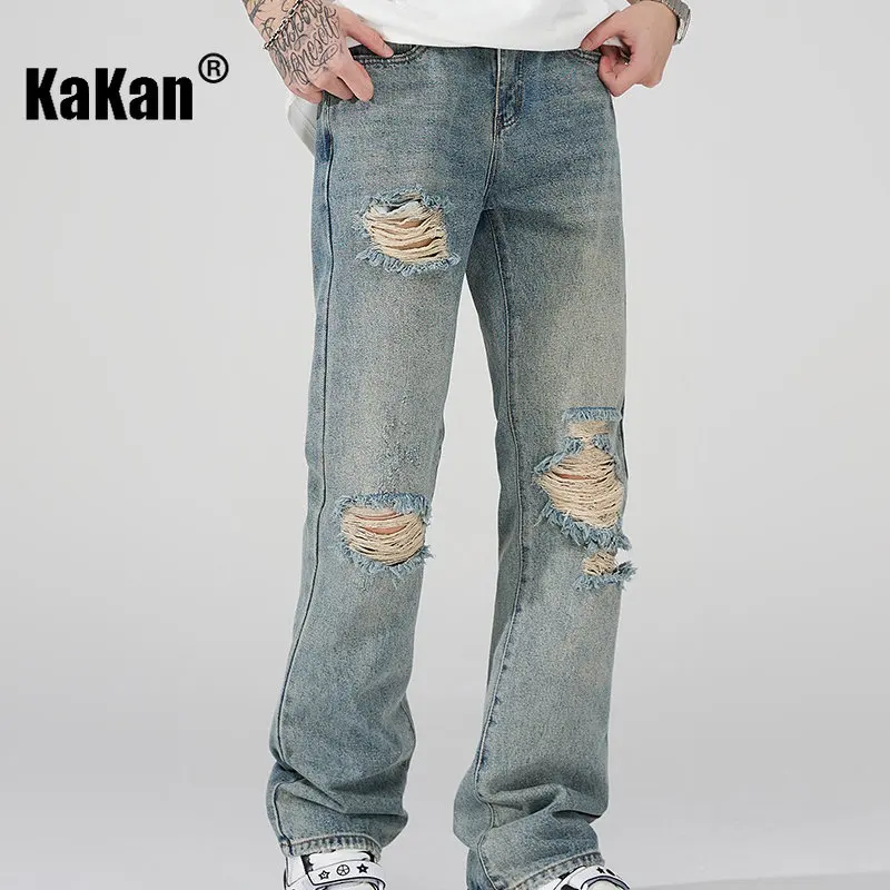 Kakan - New High Street Distressed Washed Old Jeans for Men, Trendy Hip Hop Loose Straight Length Jeans K24-ZLJLB0066