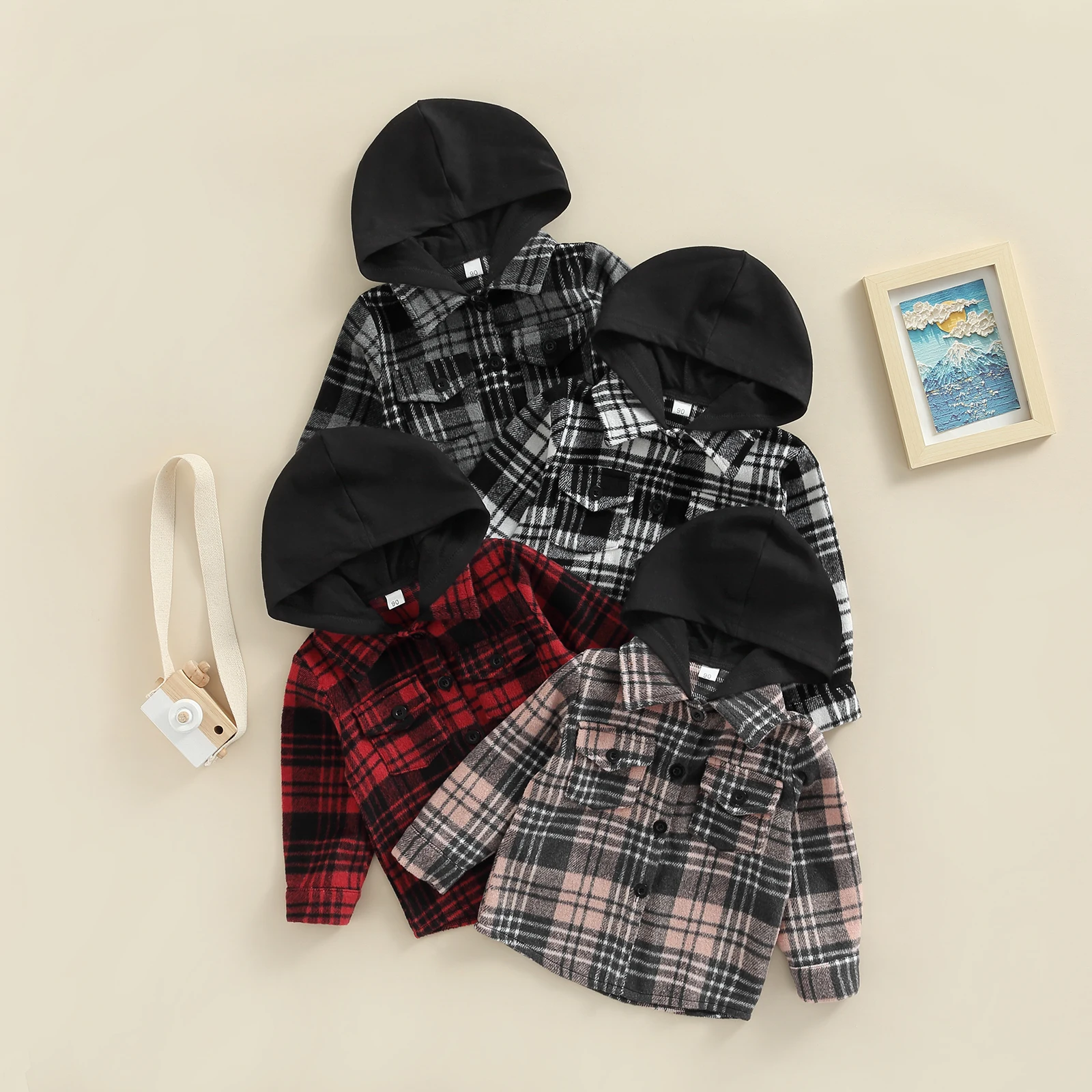 

TR New Autumn Kids Girls Boys Coat Plaid Long Sleeve Hooded Single-Breasted Jacket Pockets Outfit Fall Clothes 1-6Years