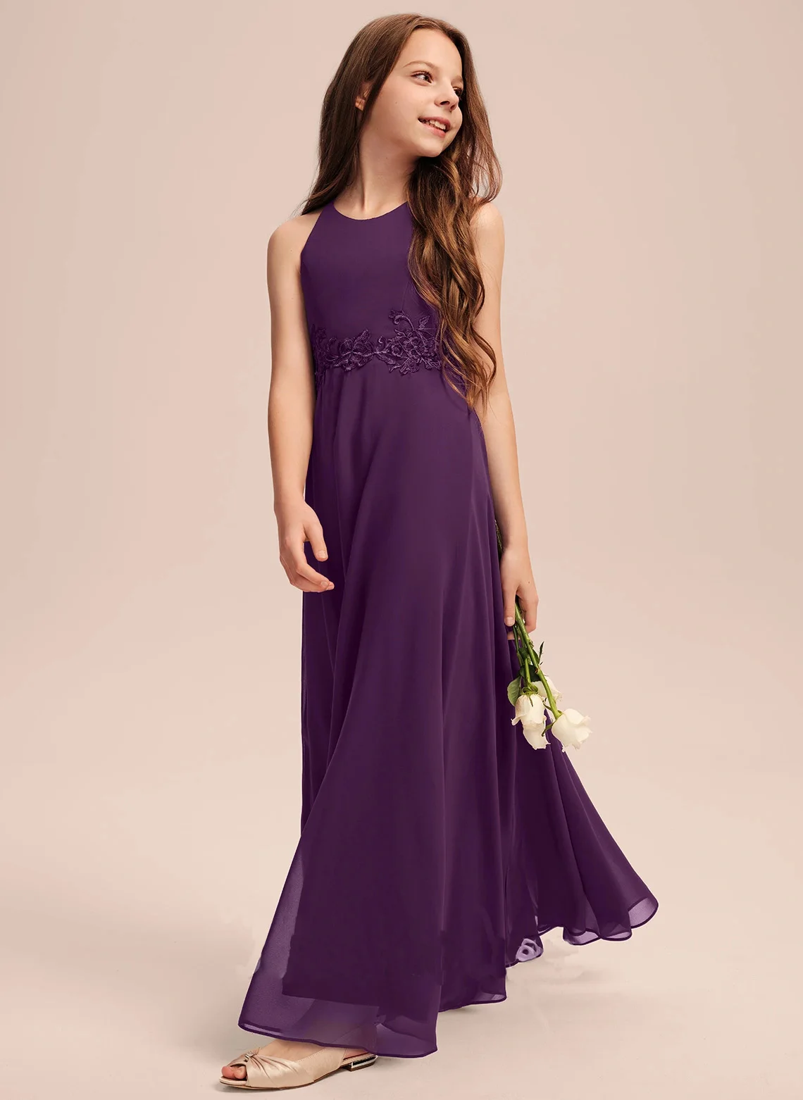 

YZYmanualroom Junior Bridesmaid Dress A Line Scoop Floor Length Chiffon Lace With Pleated Pageant Evening Dresses