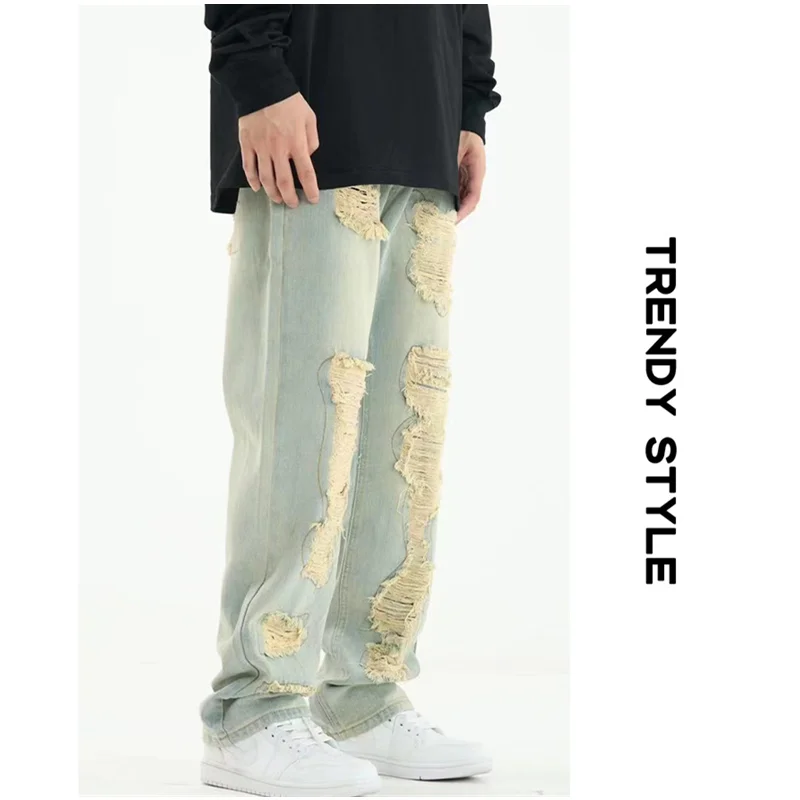 Men's Wear Vintage Casual Ripped Jeans Worn Yellow Mud Dyed Broad Leg Pants High Street Loose Straight Trousers Autumn Female