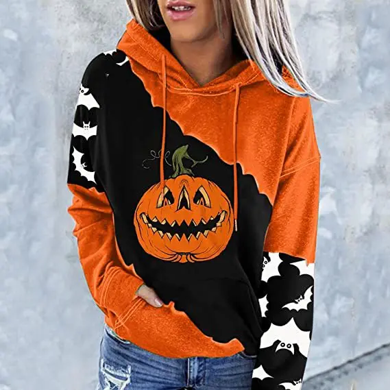 Autumn and winter women's new casual fashion Halloween pumpkin print hoodie