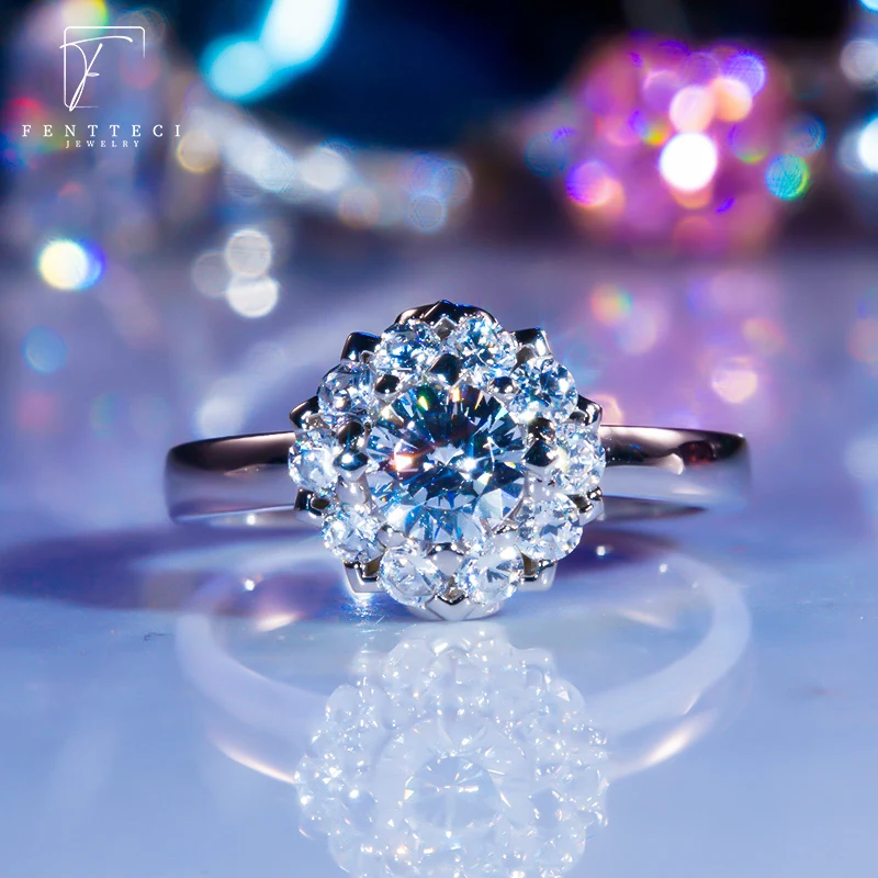FENTTECI S925 Silver 18k Gold Plated Moissanite Ring Flower Luxury Engagement Ring For Women Wedding Proposal Ring Fine Jewelry