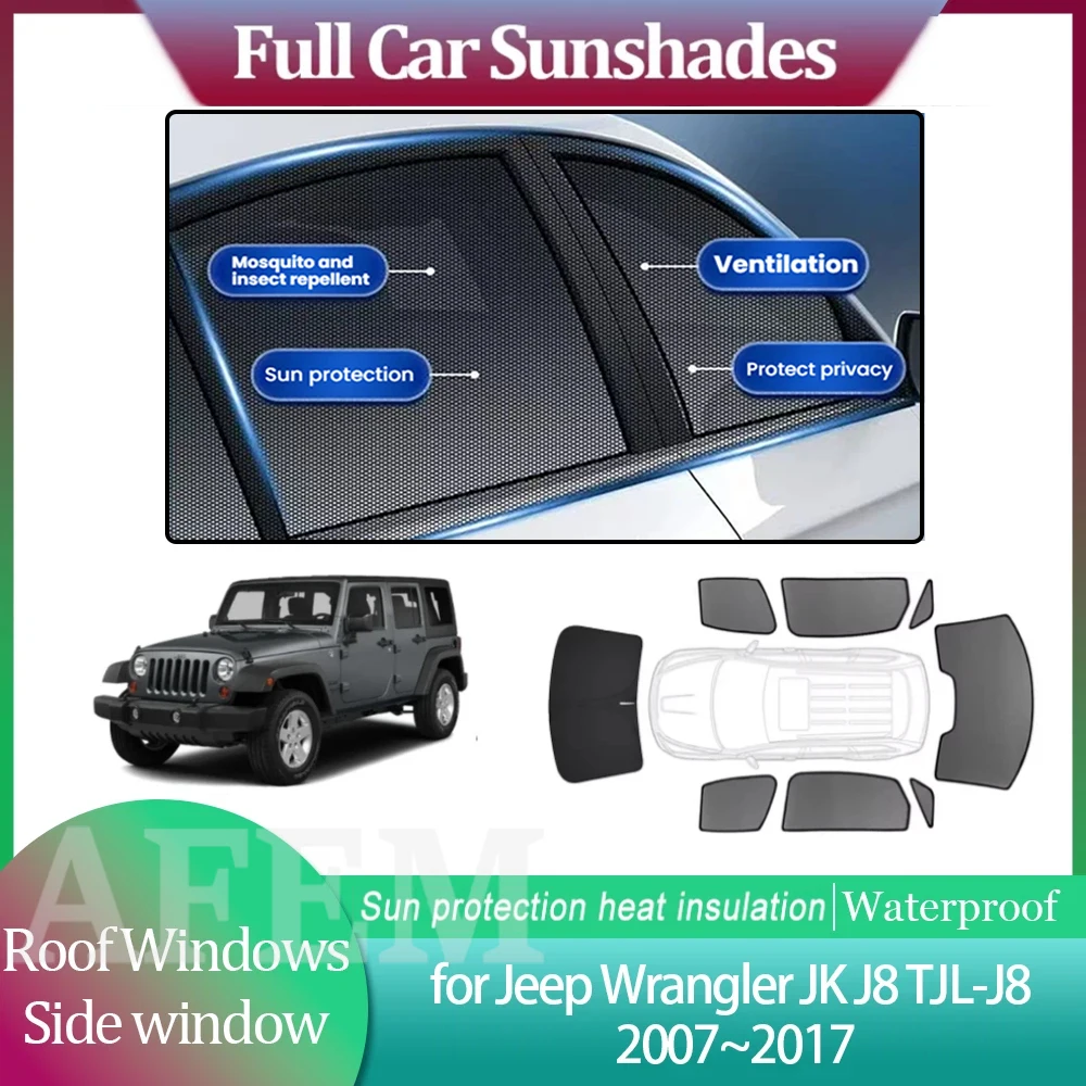 Фото Солнцезащитные шторки для Jeep Wrangler JK J8 TJL-J8 2007~2017: комплект аксессуаров для лобового стекла, боковых окон и люка №1