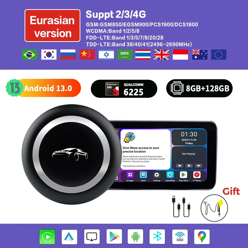 

Carplay Ai Box Android 13 беспроводной адаптер Carplay QCM6225 8 ГБ + 128 ГБ для Youtube Netflix интеллектуальные автомобильные системы