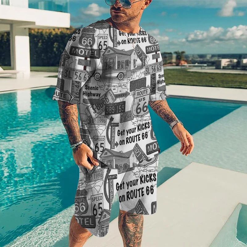

Summer 3D Men's T-Shirt Set Short Sleeve Oversized Loose T-Shirt Vintage Car And Route 66 Printed Top Shorts Men's Clothing