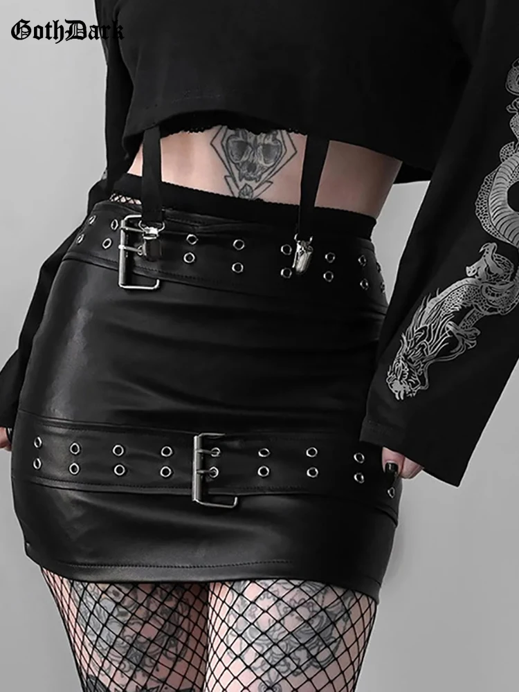 

Goth Dark Punk Faux Leather Women Sexy PU Mini Skirts Mall Gothic Grunge Bodycon Pencil Skirt High Waist Rivet Night Partywear