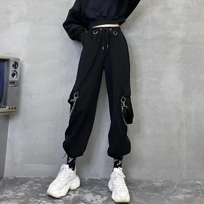 Cargo Pants Women Harajuku Black High Waisted Pants Women Streetwear Oversize Ribbons Trousers For Female