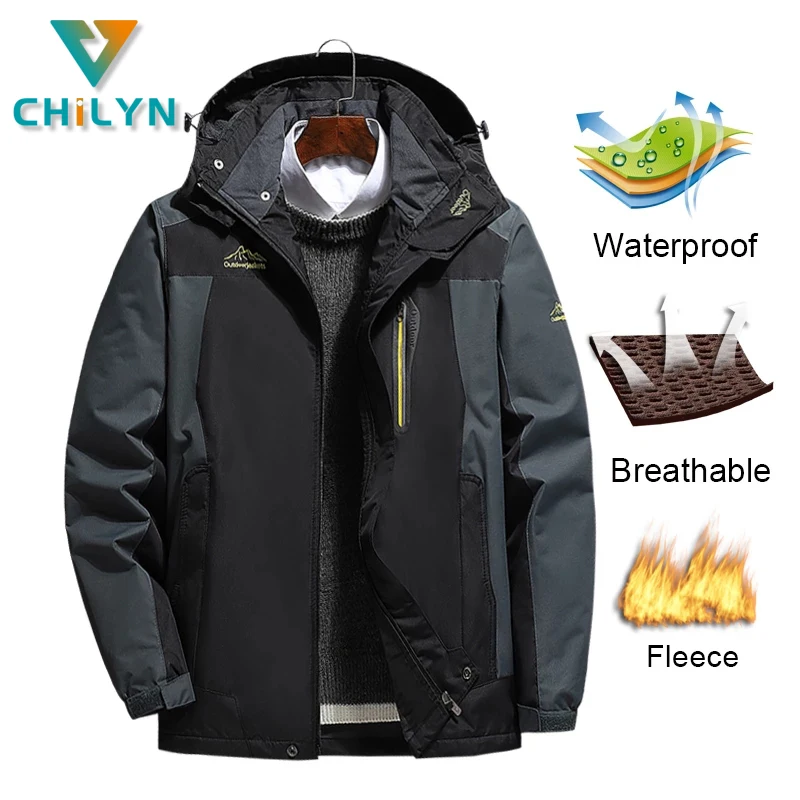 

CHILYN Men's Waterproof Hiking Jackets Winter Parka Men Windbreak Plus Velvet Thick Warm Windproof Fur Coats Large Size Jackets