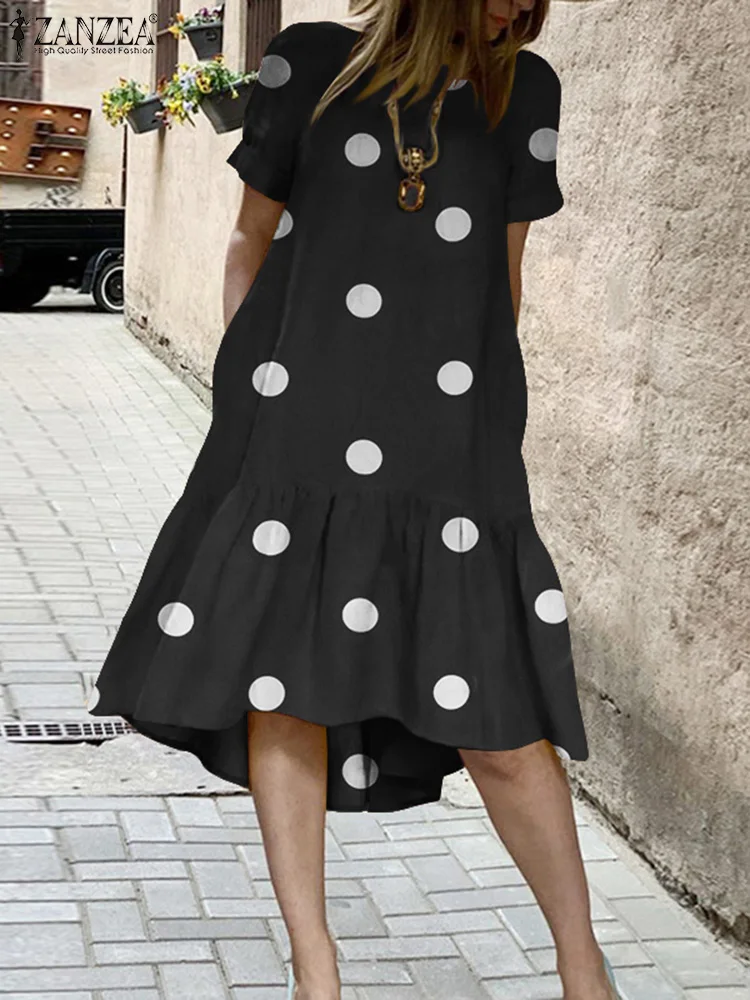 

2022 Summer Bohemian Ruffle Dress Women Holiday Elegant Irregular Robe ZANZEA Fashion OL Polka Dot Short Sleeve Dresses Overisze