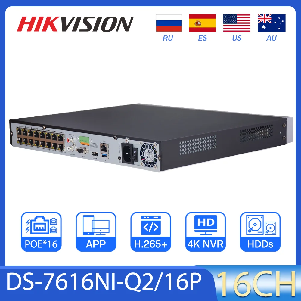 

Hikvision 16CH 1U 16 PoE 4K NVR DS-7616NI-Q2/16P POE Network Video Recorder with HDDs H.265+smart playback CCTV Cameras Outdoor