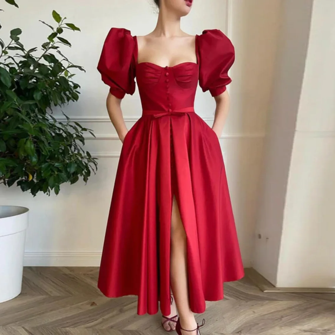

Square Neck Red Satin Dress With Slit Short Bubble Sleeve Women Clothing Summer Dresses Woman 2022 Elegant Women's Dresses