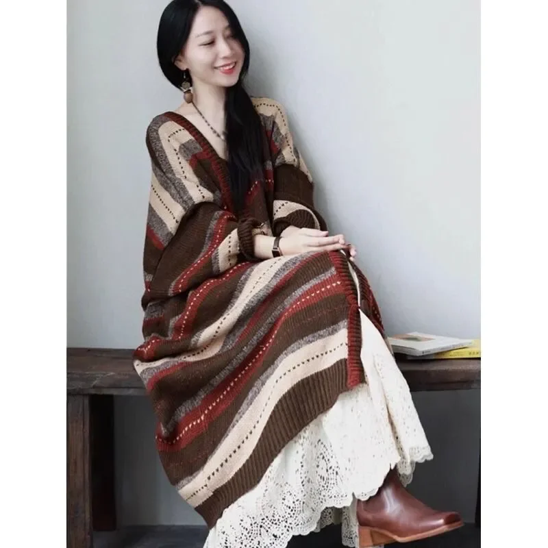 Женский вязаный жакет средней длины Свободный кардиган в японском стиле ретро