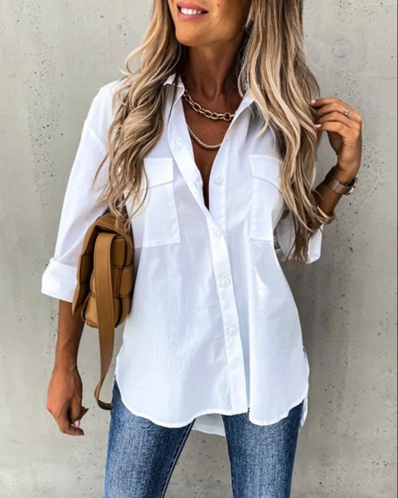 

women shirt Button Pocket Blouse Shirts Turn Down Neck Printed Full Sleeve Casual Design Long Sleeve Shirt Women Spring Summer