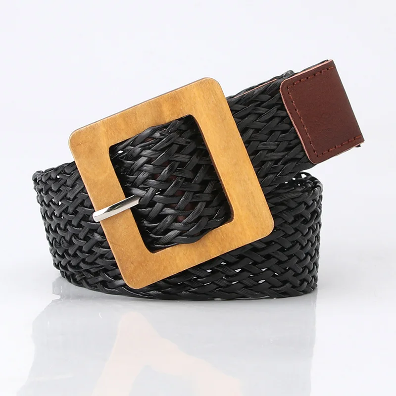 

New Bohemia Weaving Belt Women Fashion Wood Buckle Wide Belts Female Jeans Dress Brand Design Waistband 2022