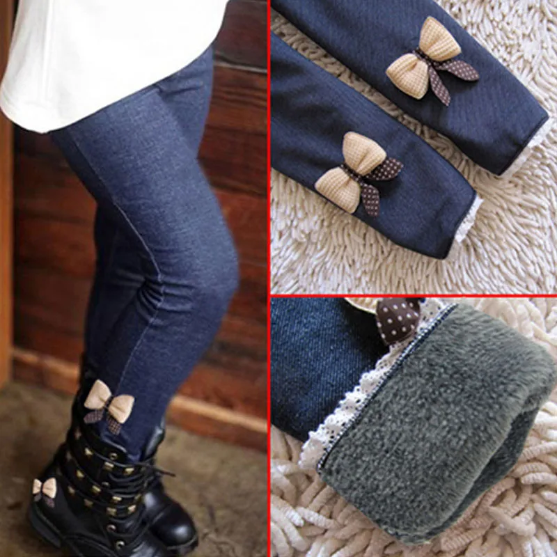 

2022 Girls' Autumn and Winter Thickened Imitation Jeans High Quality Thick Denim Bowknot Girls' Tights Korean Children's Pants