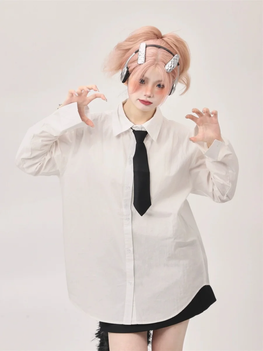 Inner wear Stacked White Long sleeve Shirts Women 2024 Autumn New Sle Tie Preppy High-Grade Loose Shirt