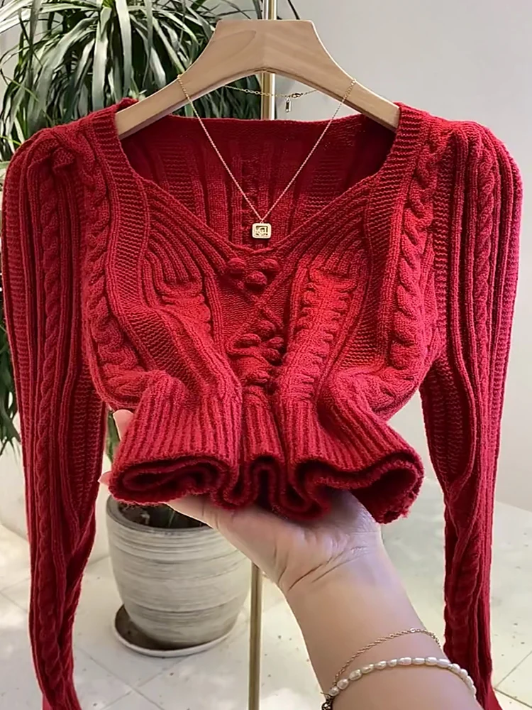 Women's Sweater 2022 New Vintage V-neck Knit Fit Short Knit Sweater Red Free Shipping