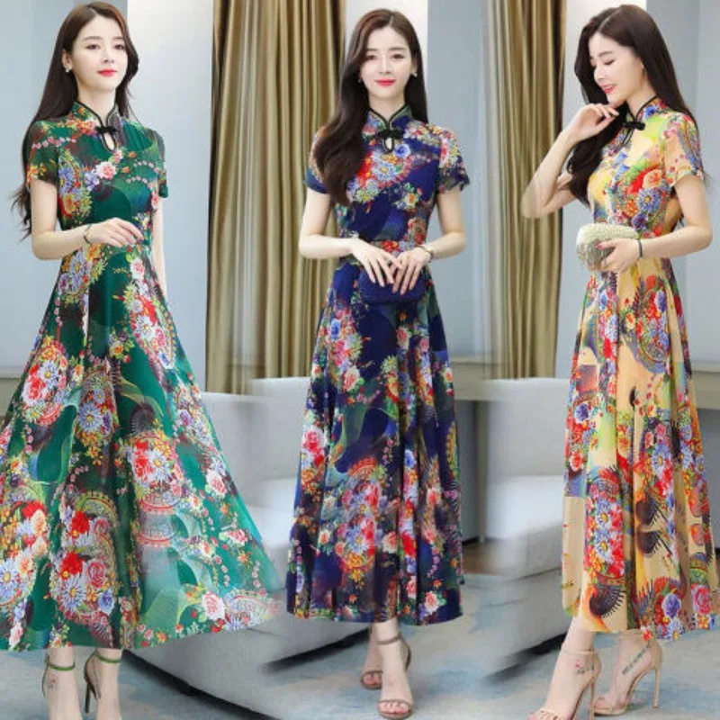 Новое летнее платье Cheongsam на пуговицах свободное средней длины с принтом и