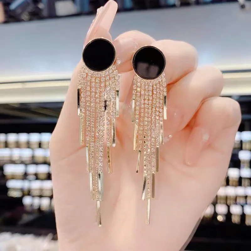 925 Silver Needle Elegant Earrings European and American Fashion Exaggerated Rhinestone Long Tassel Jewelry