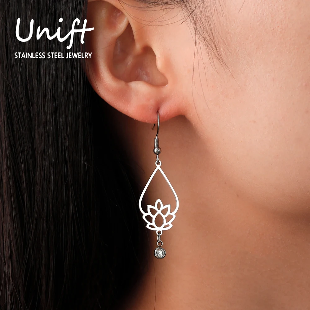 Unift Женские серьги-подвески в форме цветка лотоса с цирконом из нержавеющей стали