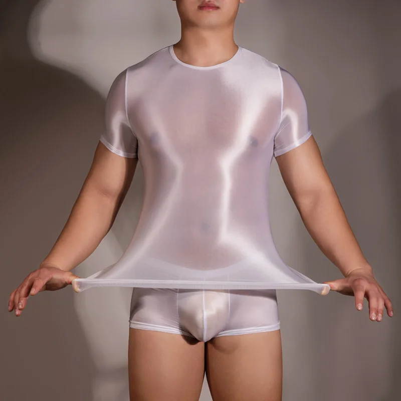 Glossy See Through Mens T-shirt Top Shiny Short Sleeve Gym Yoga Sport Tight Sheer Sportwear Party Clubwear