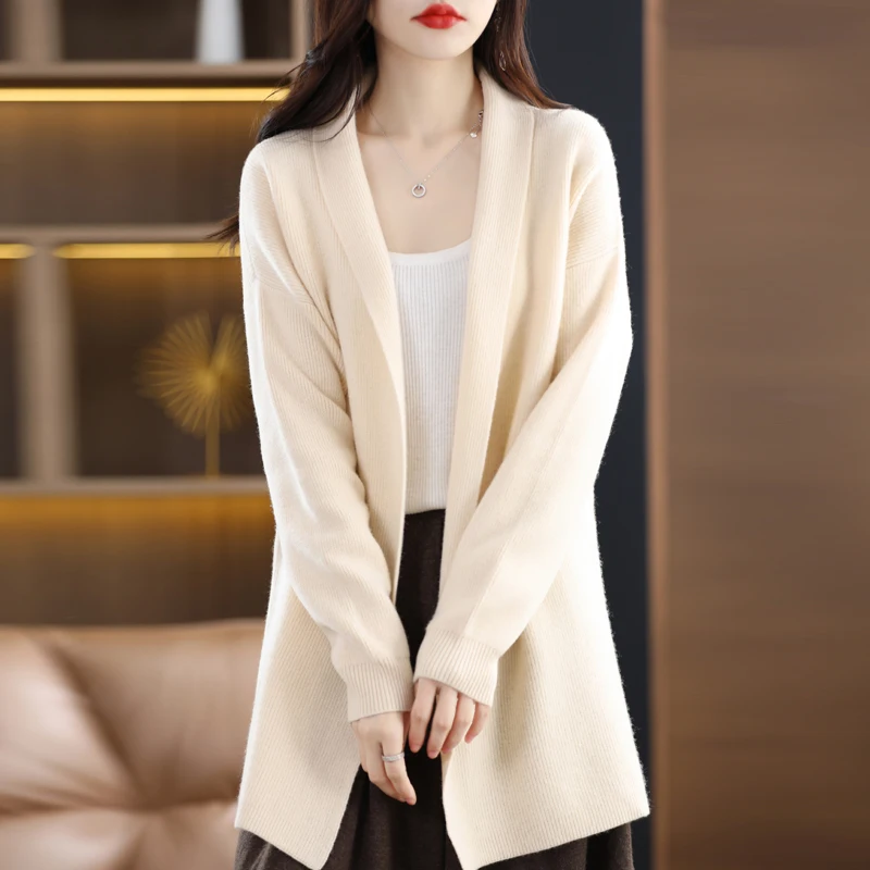 

New Women's 100% Pure Wool Sweater Cardigan Loose High grade Knitted V-Neck Cardigan Long Sleeve Coat