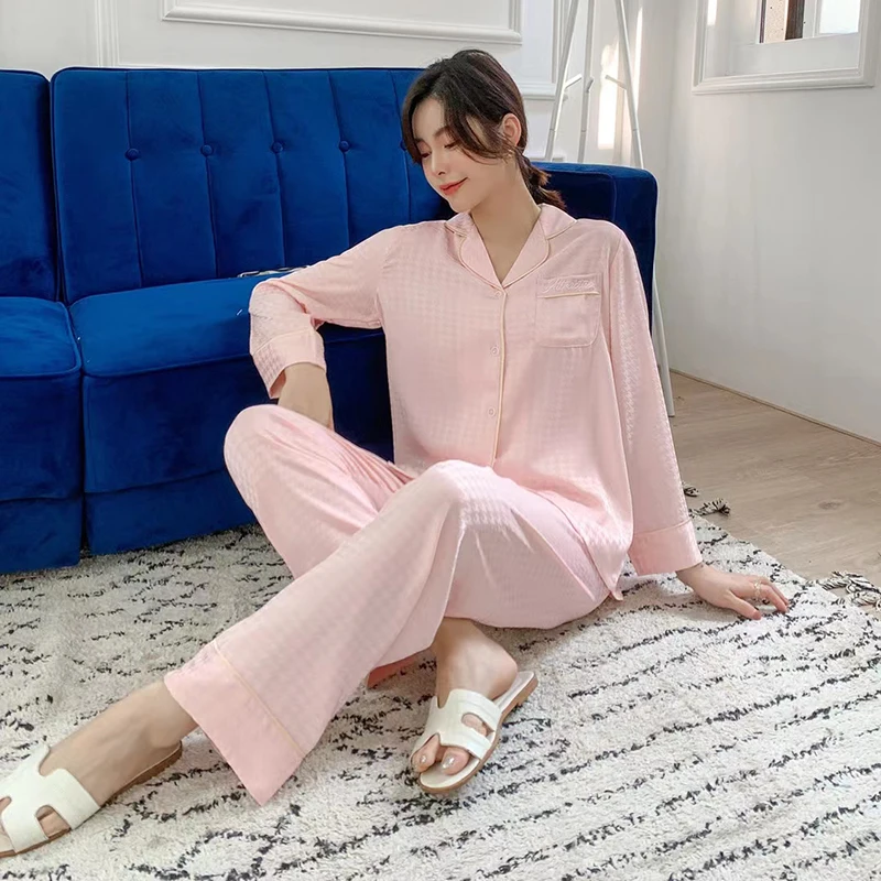 Spring Autumn Pajamas for Women Fashion Faux Silk Long Sleepwear Sets Home Clothes