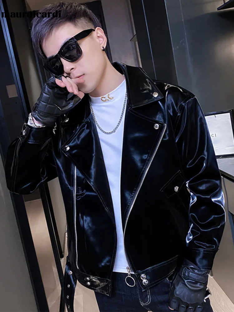 

Sprin Autumn Cool Black Siny Reflective Patent Pu Leater Biker Jacket Men Belt Zipper Plus Size European Fasion