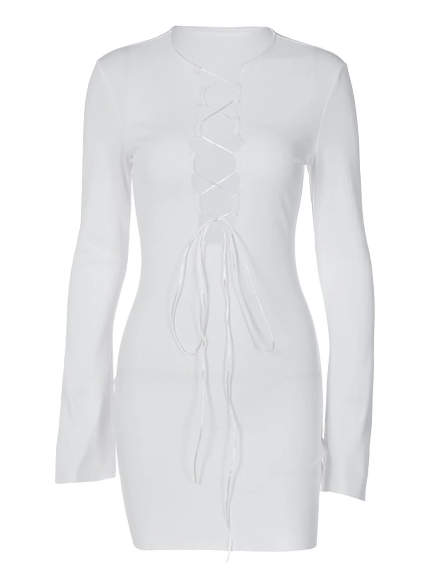 

Women Cutout Bandage Dress Long Sleeve Tie Up Neckline Solid Color Casual Party Bodycon Dresses