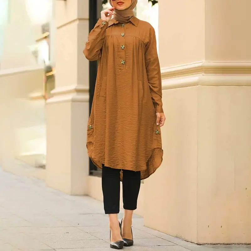 

New Summer Muslim Solid Blouse For Women Simple Cotton Linen Long Shirt Saudi Arabia Islam Femme Tops Lady A-Line Shirt Dresses
