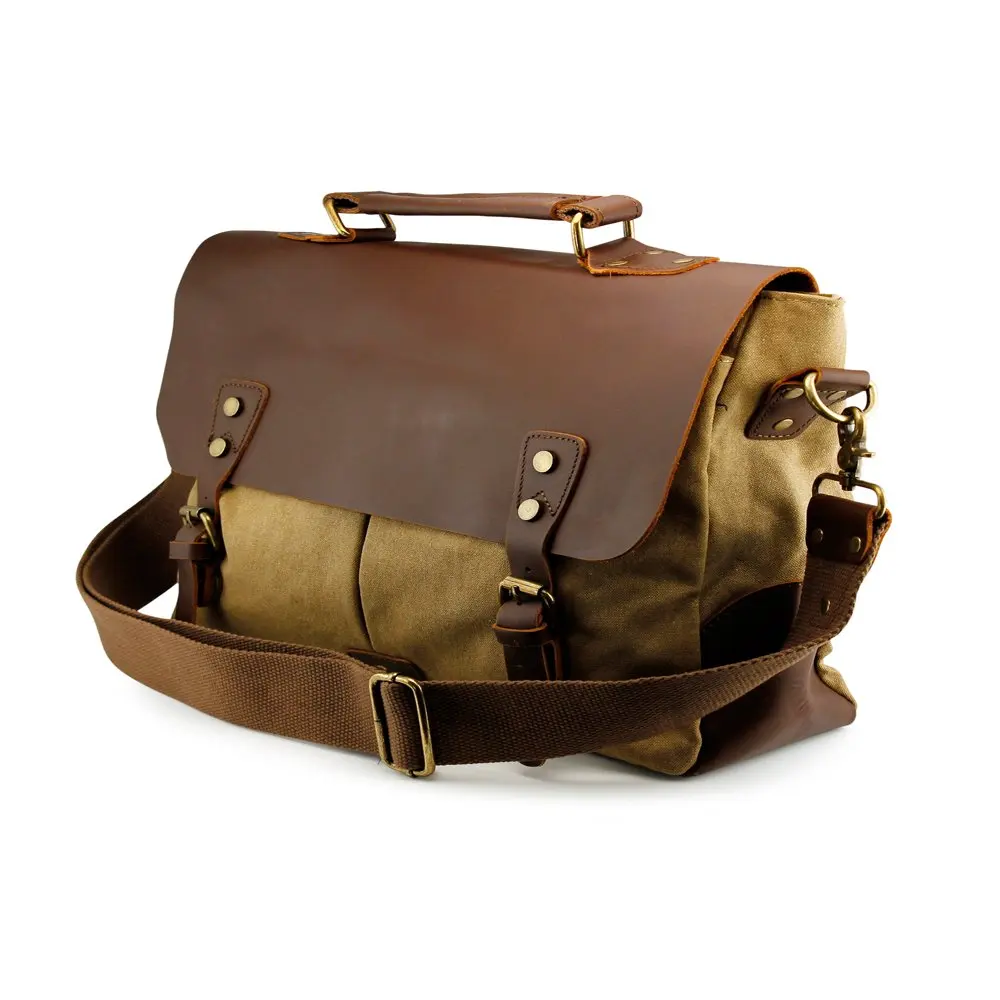 Men`s Vintage Canvas Leather Satchel School Military Messenger Shoulder Bag Travel Bag - Khaki